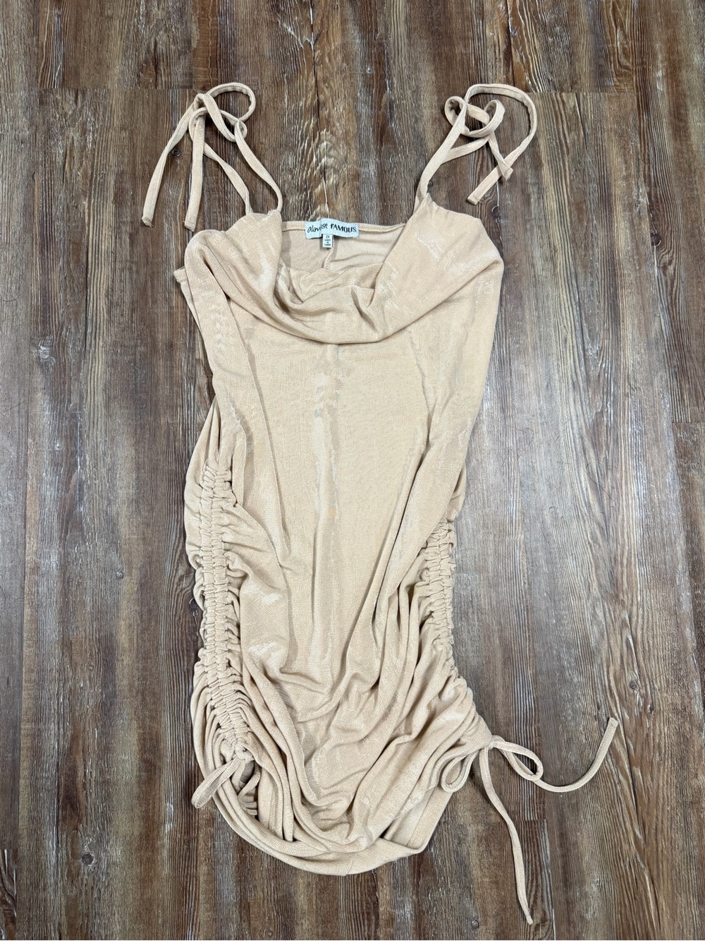 Y2K Almost Famous tan ruched mini dress with tie straps in a 2X